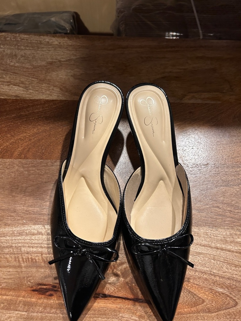 Jessica Simpson Black Patent Pointed Toe Slip-On Mules with Bow